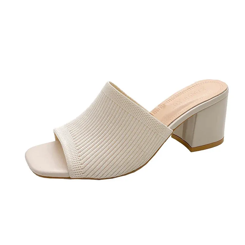 Flyknit High Heel Sandals Women Knitted Breathable Thick Heel Women Slippers Open Toe Fashion Sandals