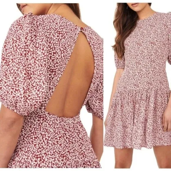 Free People Dancing In The Dark Floral Red Puff Sleeve Keyhole Back Mini Dress L