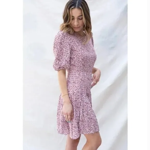 Free People Dancing In The Dark Floral Red Puff Sleeve Keyhole Back Mini Dress L
