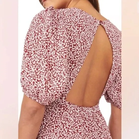 Free People Dancing In The Dark Floral Red Puff Sleeve Keyhole Back Mini Dress L