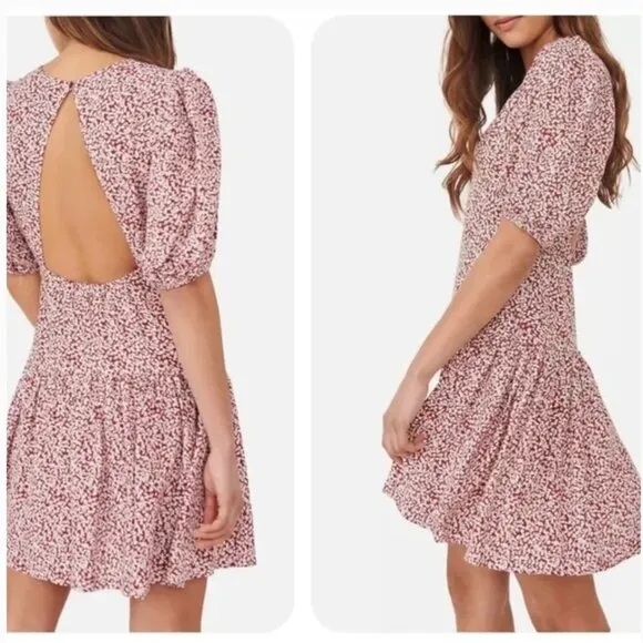Free People Dancing In The Dark Floral Red Puff Sleeve Keyhole Back Mini Dress L