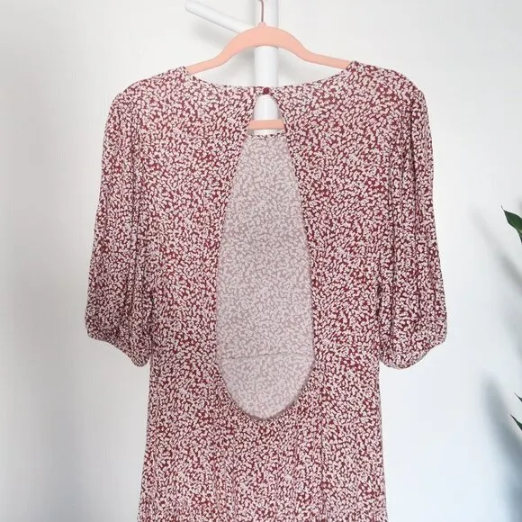 Free People Dancing In The Dark Floral Red Puff Sleeve Keyhole Back Mini Dress L