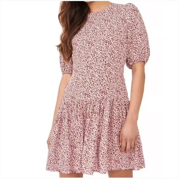 Free People Dancing In The Dark Floral Red Puff Sleeve Keyhole Back Mini Dress L