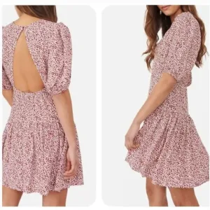 Free People Dancing In The Dark Floral Red Puff Sleeve Keyhole Back Mini Dress L