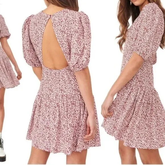 Free People Dancing In The Dark Floral Red Puff Sleeve Keyhole Back Mini Dress L