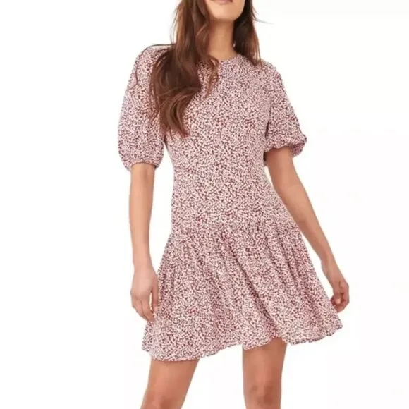 Free People Dancing In The Dark Floral Red Puff Sleeve Keyhole Back Mini Dress L