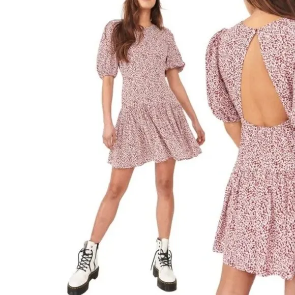 Free People Dancing In The Dark Floral Red Puff Sleeve Keyhole Back Mini Dress L