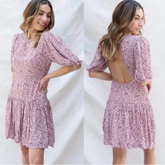 Free People Dancing In The Dark Floral Red Puff Sleeve Keyhole Back Mini Dress L