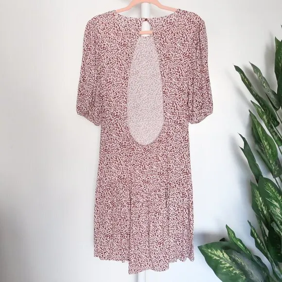 Free People Dancing In The Dark Floral Red Puff Sleeve Keyhole Back Mini Dress L