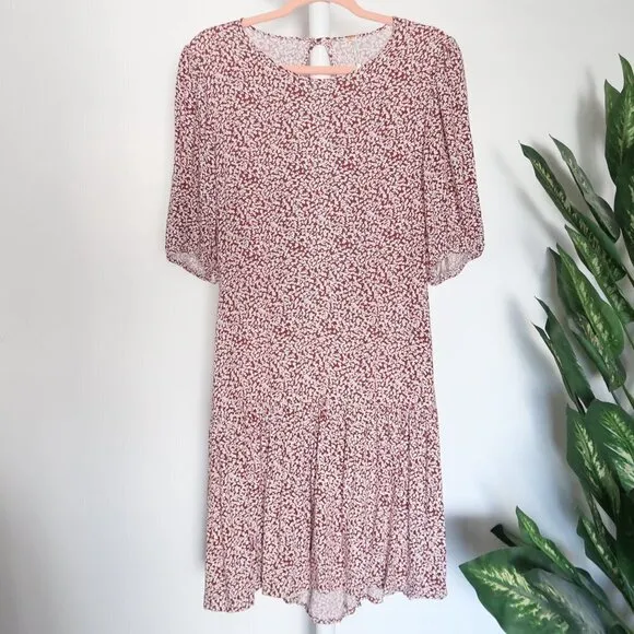 Free People Dancing In The Dark Floral Red Puff Sleeve Keyhole Back Mini Dress L