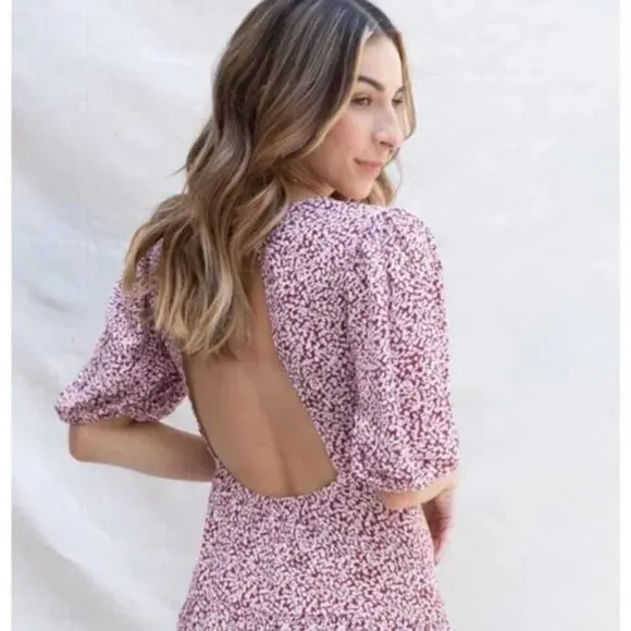 Free People Dancing In The Dark Floral Red Puff Sleeve Keyhole Back Mini Dress L