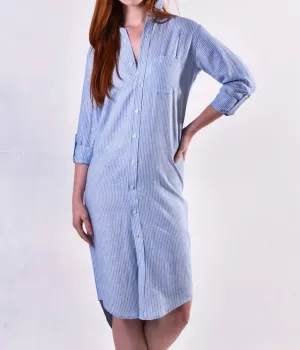 Girlfriend Midi Linen Stripe Dress In Blue Stripe