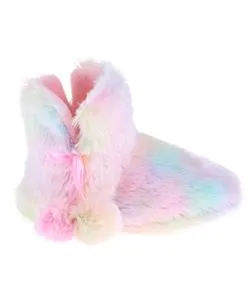 Girls Faux Fur Rainbow Pastel Slipper Bootie