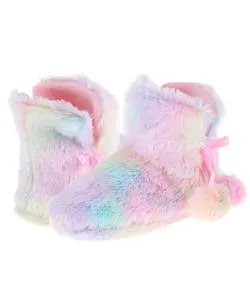 Girls Faux Fur Rainbow Pastel Slipper Bootie