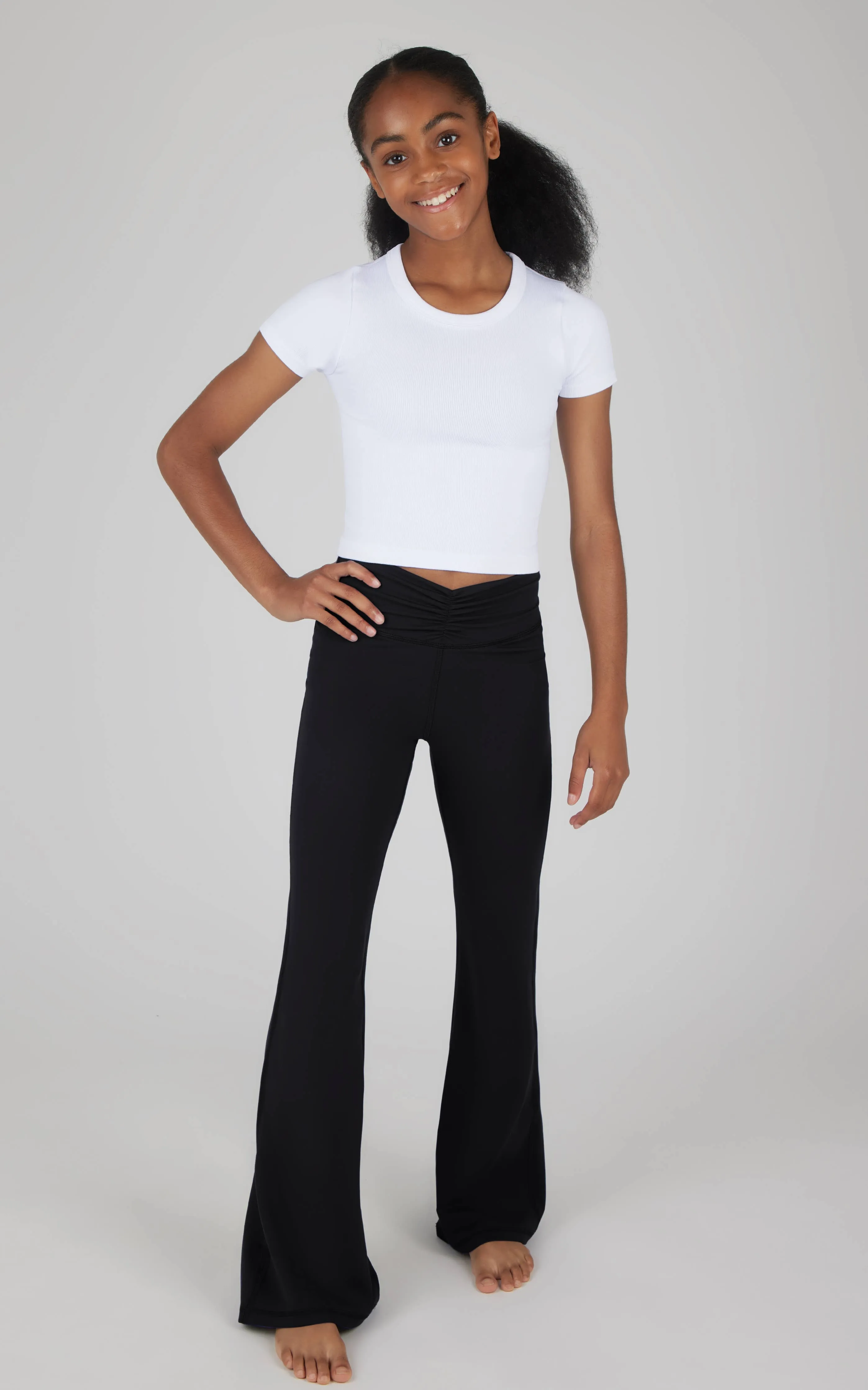 Girls Lux Waist Band Ruching Flared Pant: Black