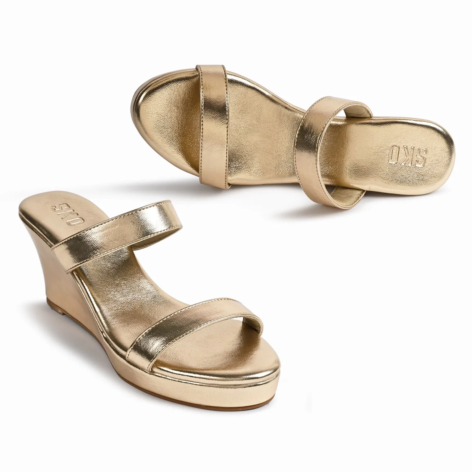 Gold Two Strap Wedges For Women