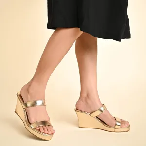 Gold Two Strap Wedges For Women