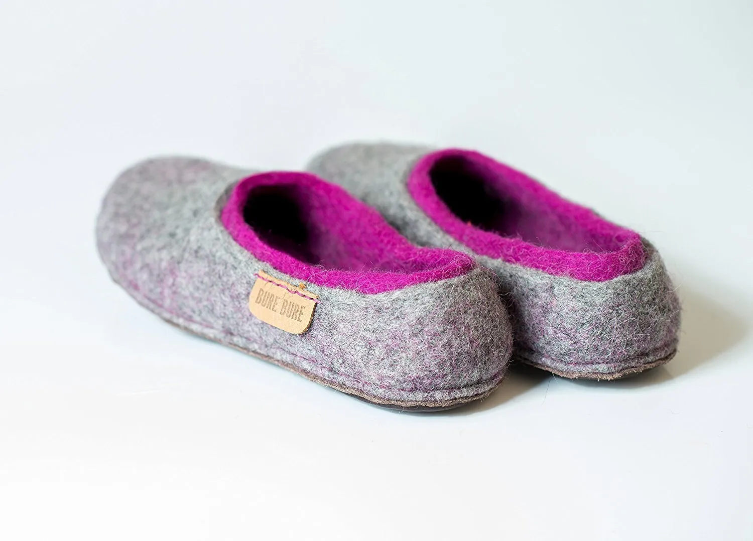 Gray felted wool slippers with purple inner layer for her