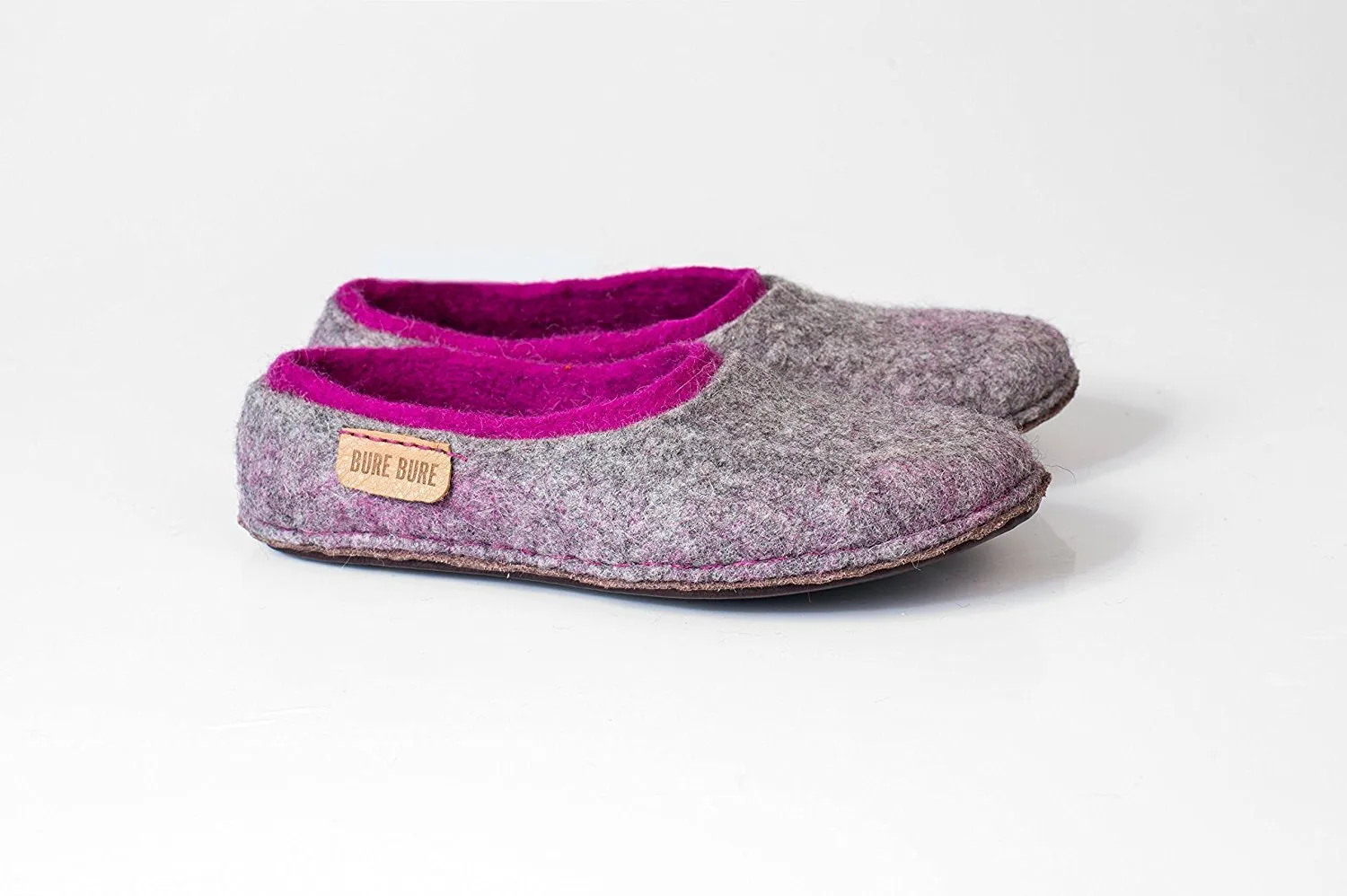 Gray felted wool slippers with purple inner layer for her