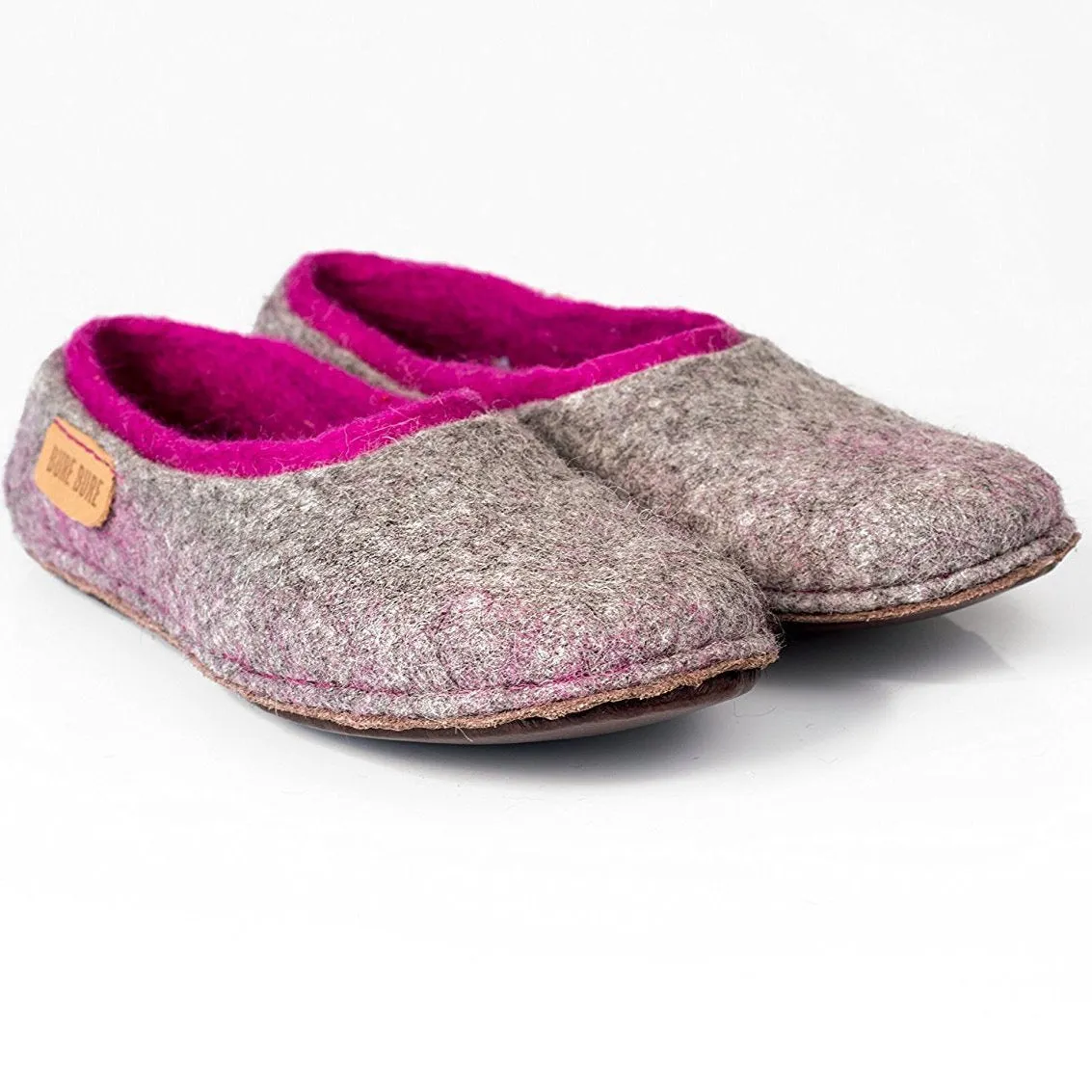 Gray felted wool slippers with purple inner layer for her