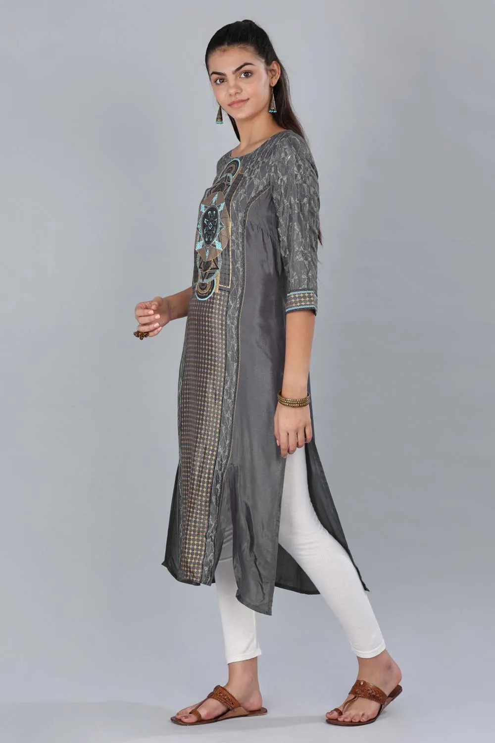 Grey Round Neck Printed kurta
