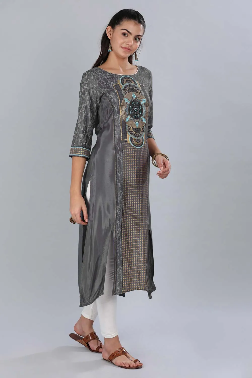 Grey Round Neck Printed kurta