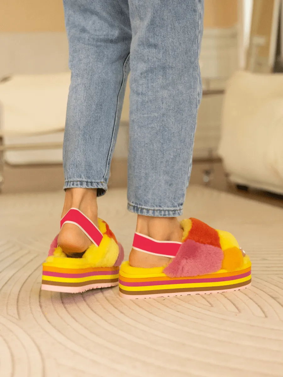 Harmony Contrast Woolen Platform Slipper - Yellow