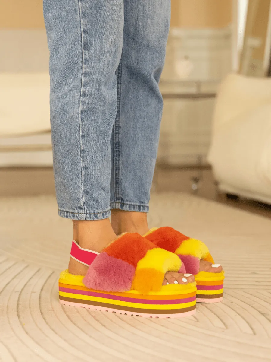 Harmony Contrast Woolen Platform Slipper - Yellow