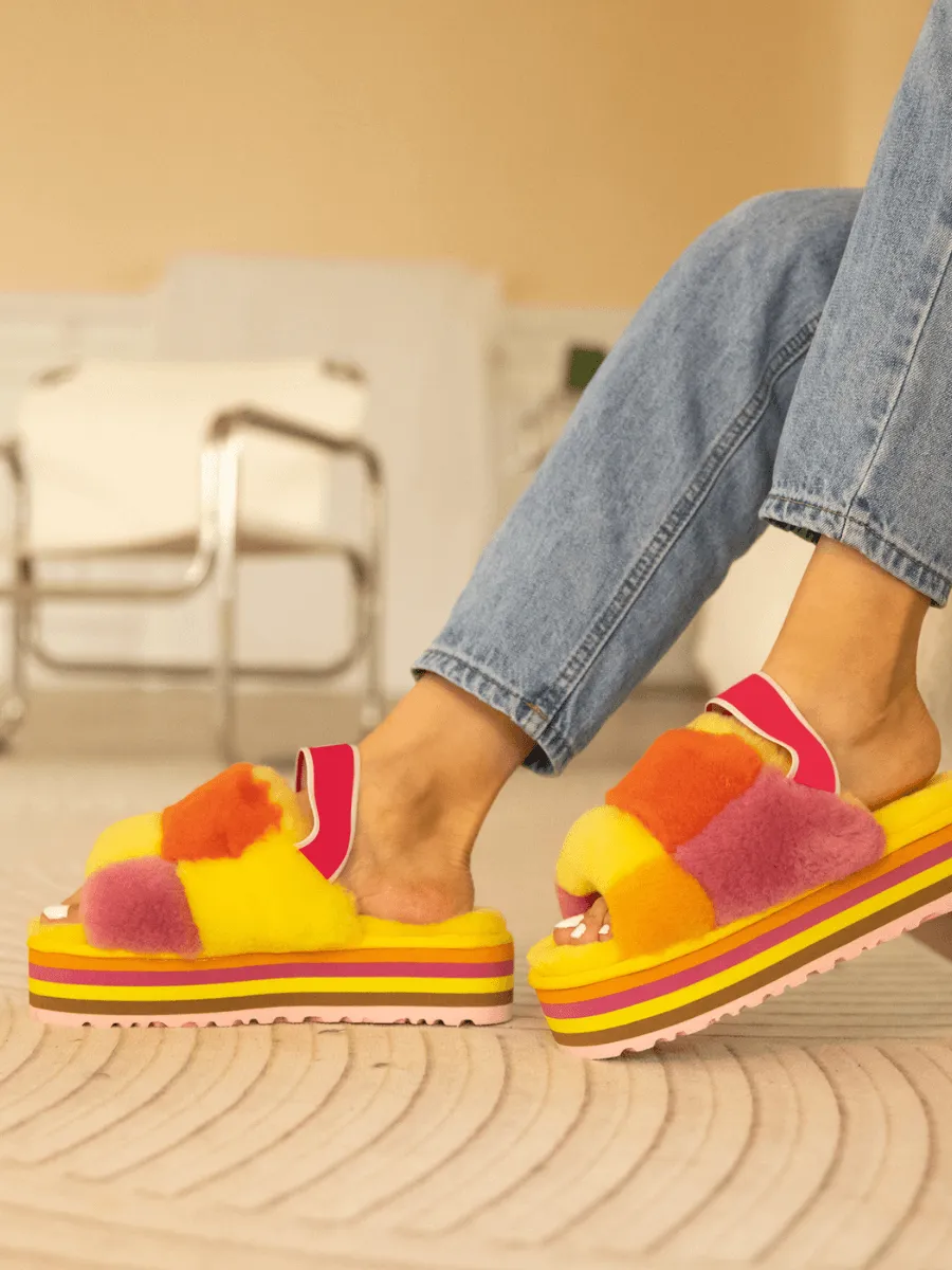 Harmony Contrast Woolen Platform Slipper - Yellow