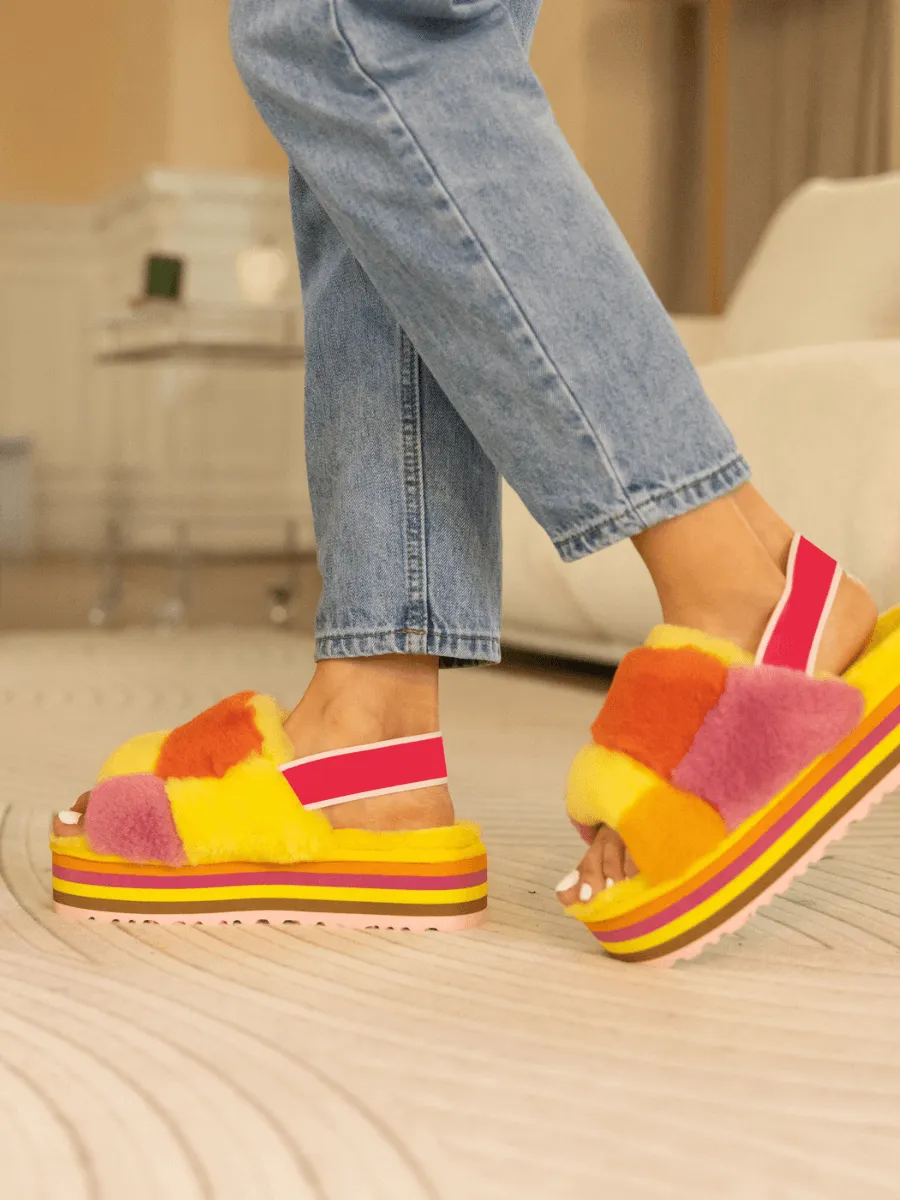 Harmony Contrast Woolen Platform Slipper - Yellow