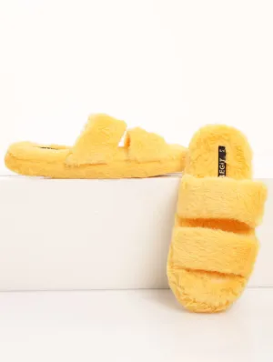 Ladies Double Strap Chunky Mule Slipper - Mustard