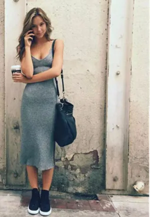 Ladies Elegant Knitted Side Split Midi Bodycon Dress Women Summer Brandy Melville Spaghetti Strap Deep V Neck Beach Dress