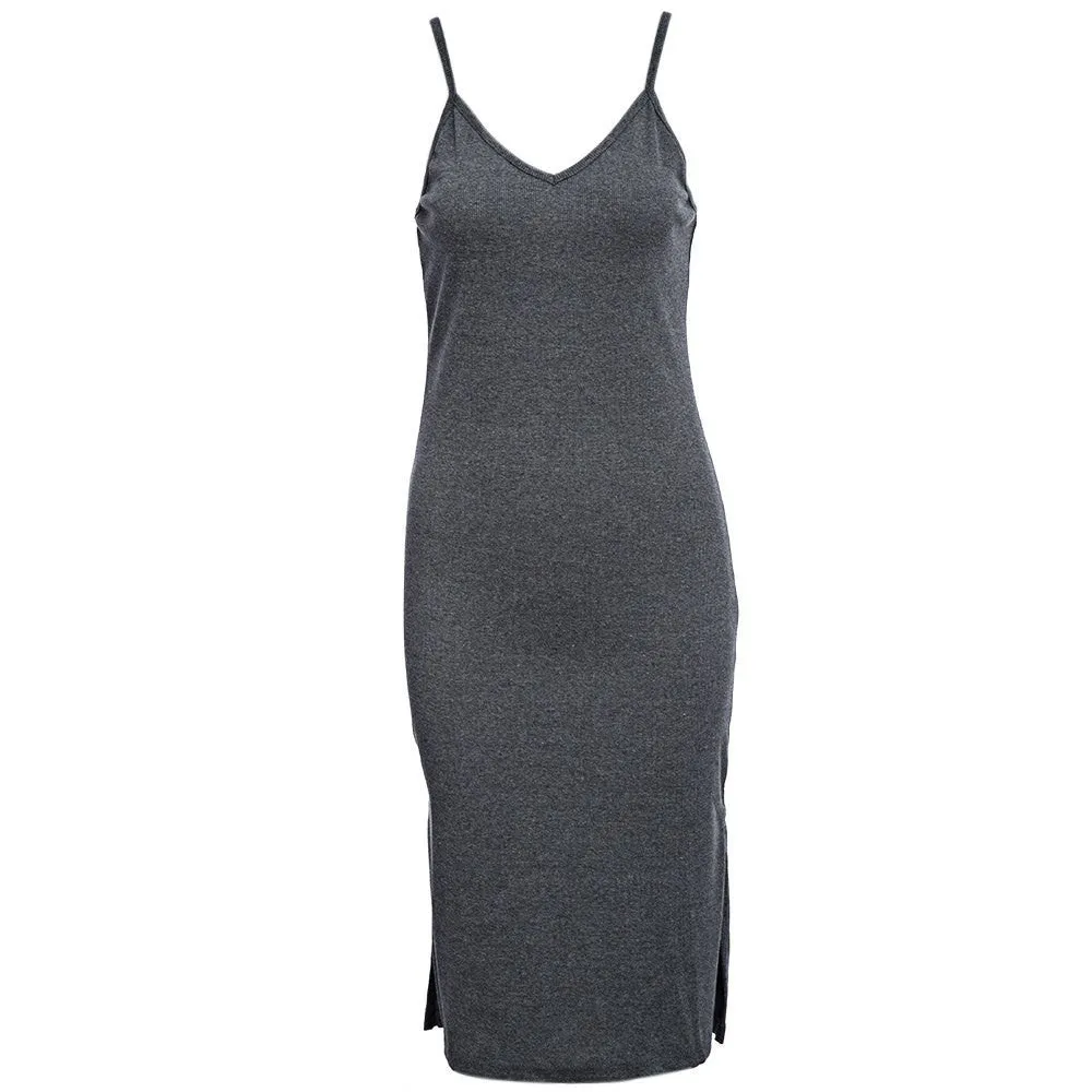 Ladies Elegant Knitted Side Split Midi Bodycon Dress Women Summer Brandy Melville Spaghetti Strap Deep V Neck Beach Dress