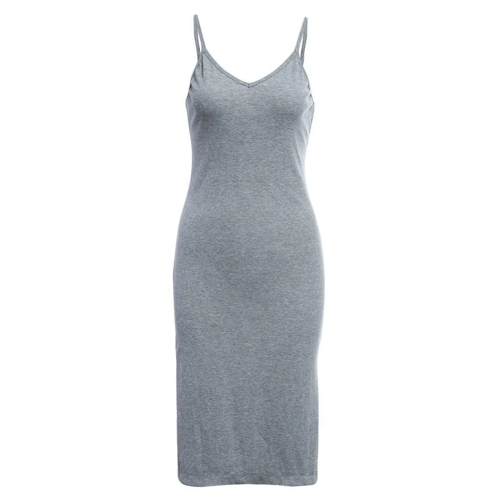 Ladies Elegant Knitted Side Split Midi Bodycon Dress Women Summer Brandy Melville Spaghetti Strap Deep V Neck Beach Dress