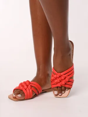 Ladies Puffy Multi Knotted Strap Push In Mule - Coral