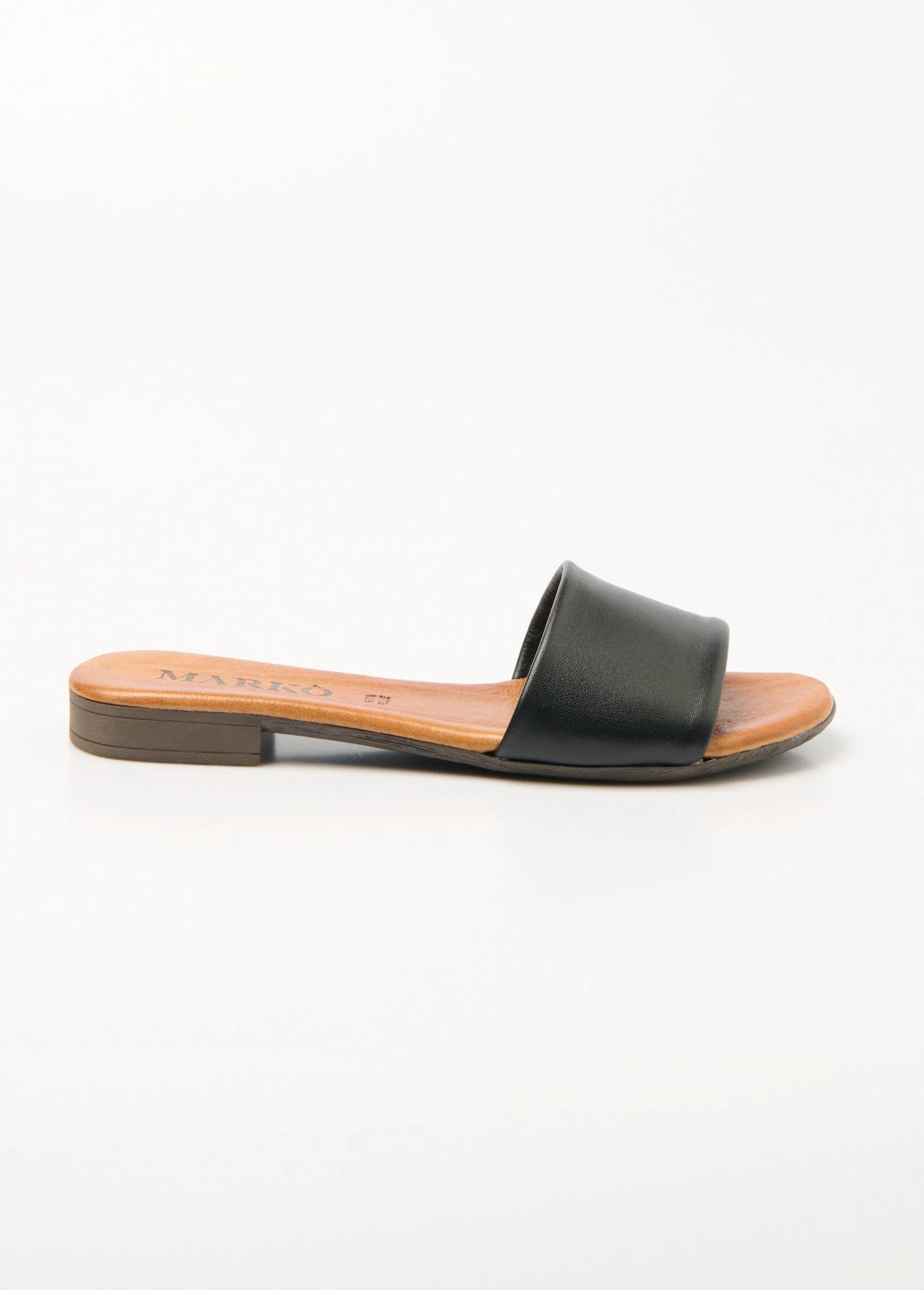Leather mules with wide straps and flat soles