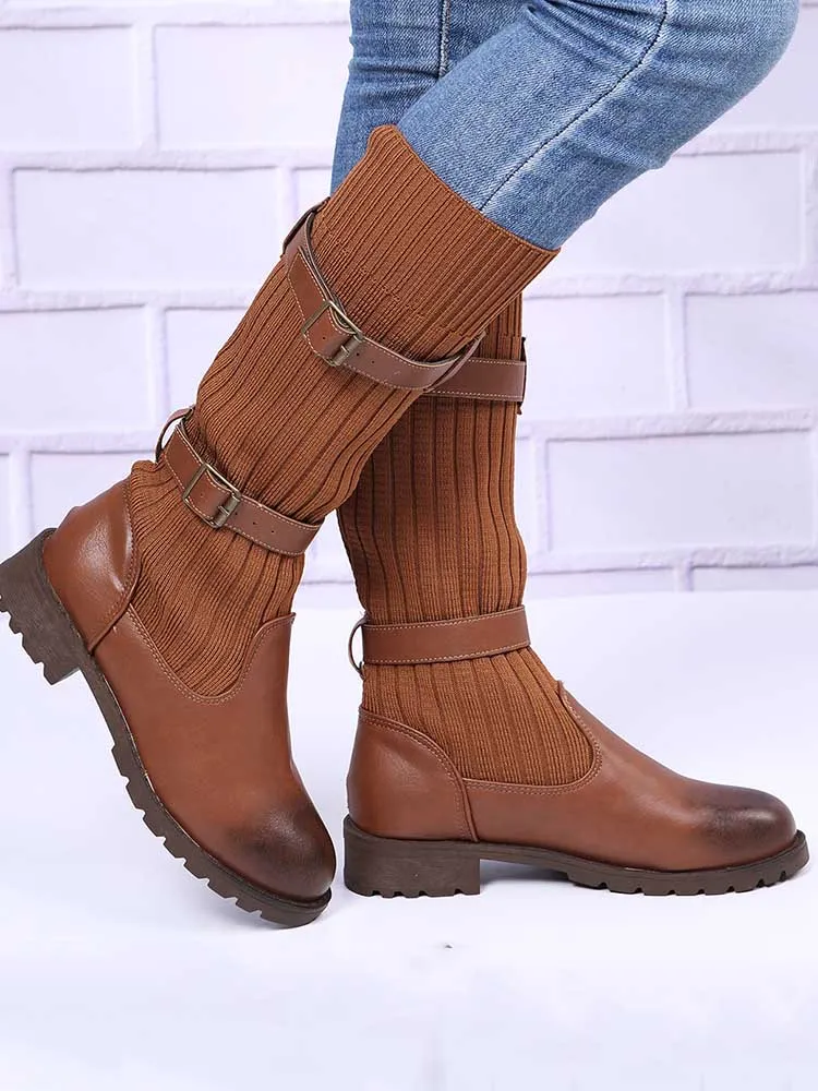 Leopard Knit Flat Heel Boots