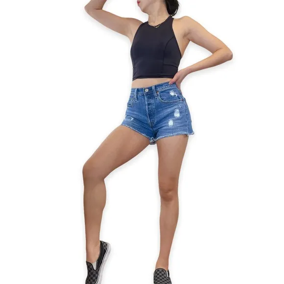 Levi's 501 Premium Medium Wash Distressed Buttonfly Highrise Denim Shorts W 26