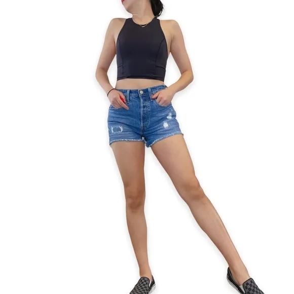 Levi's 501 Premium Medium Wash Distressed Buttonfly Highrise Denim Shorts W 26