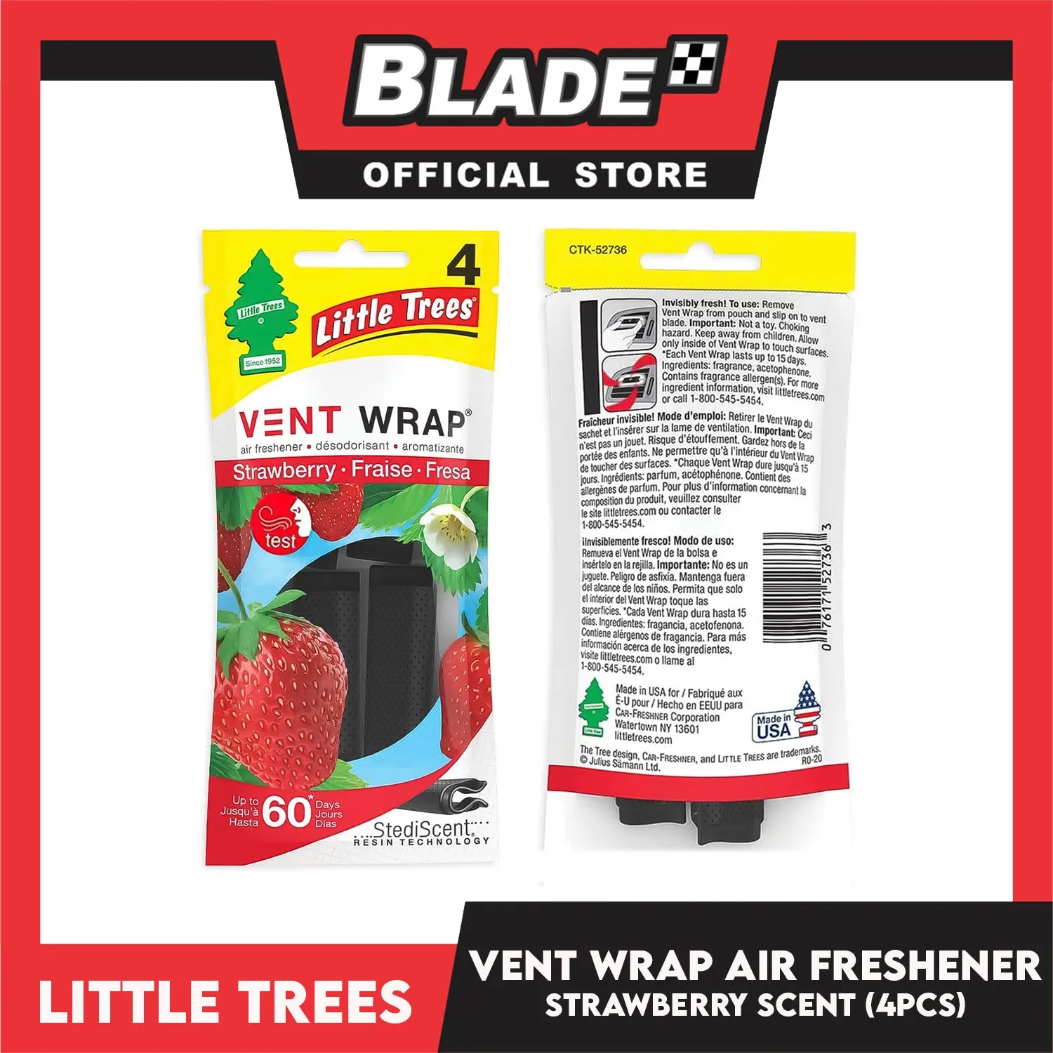 Little Trees Vent Wrap Air Freshener 4pcs (Strawberry) Provides Long-Lasting Scent, Slip On Vent Wrap Car Air Freshener