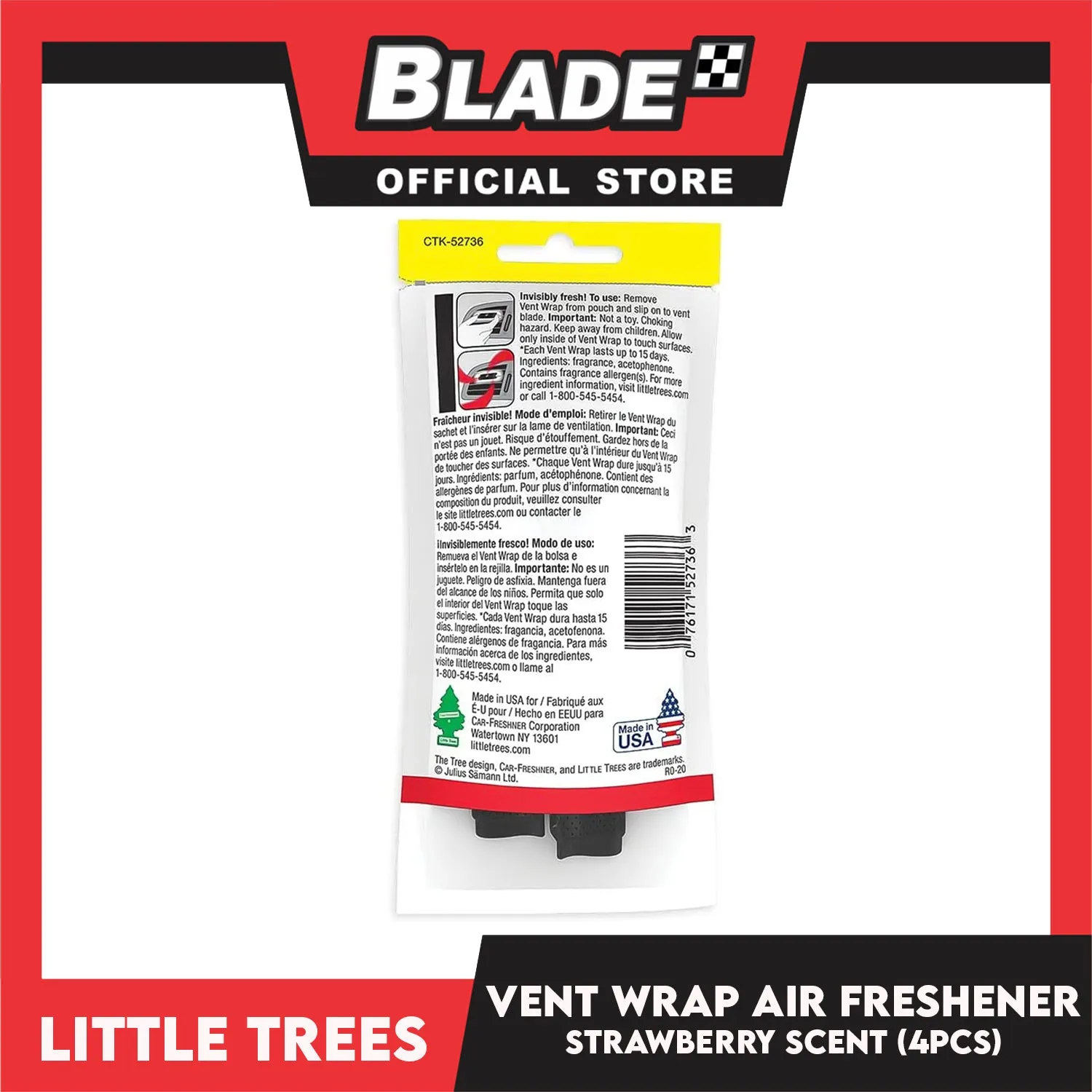 Little Trees Vent Wrap Air Freshener 4pcs (Strawberry) Provides Long-Lasting Scent, Slip On Vent Wrap Car Air Freshener