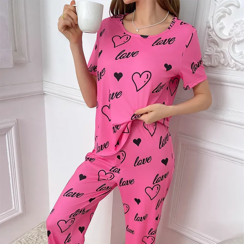 Love Heart Print Tee and Pants Lounge Set