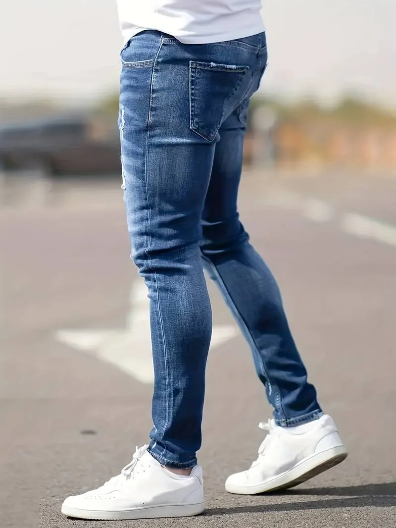 Men's Trendy Slim Fit Distressed Jeans with Pockets