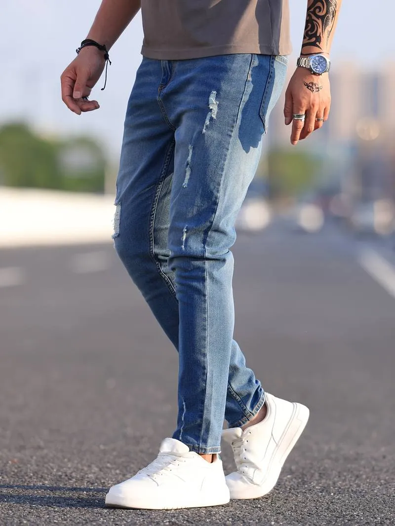 Men's Trendy Slim Fit Distressed Jeans with Pockets