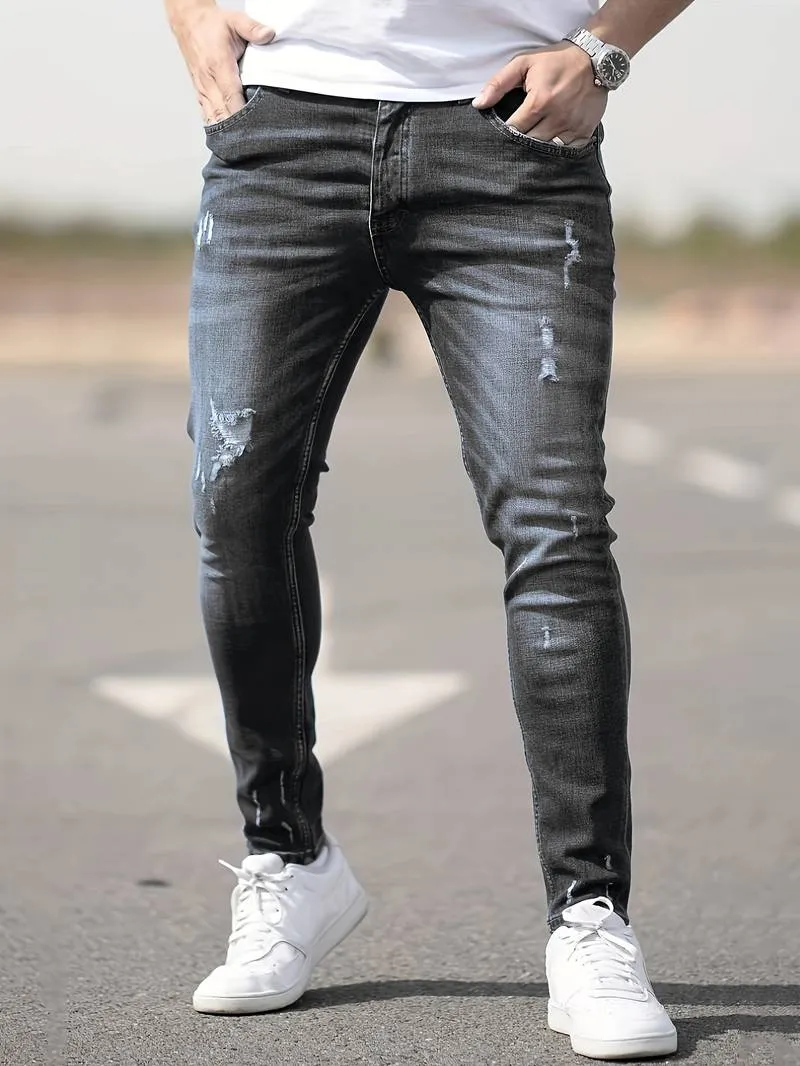 Men's Trendy Slim Fit Distressed Jeans with Pockets