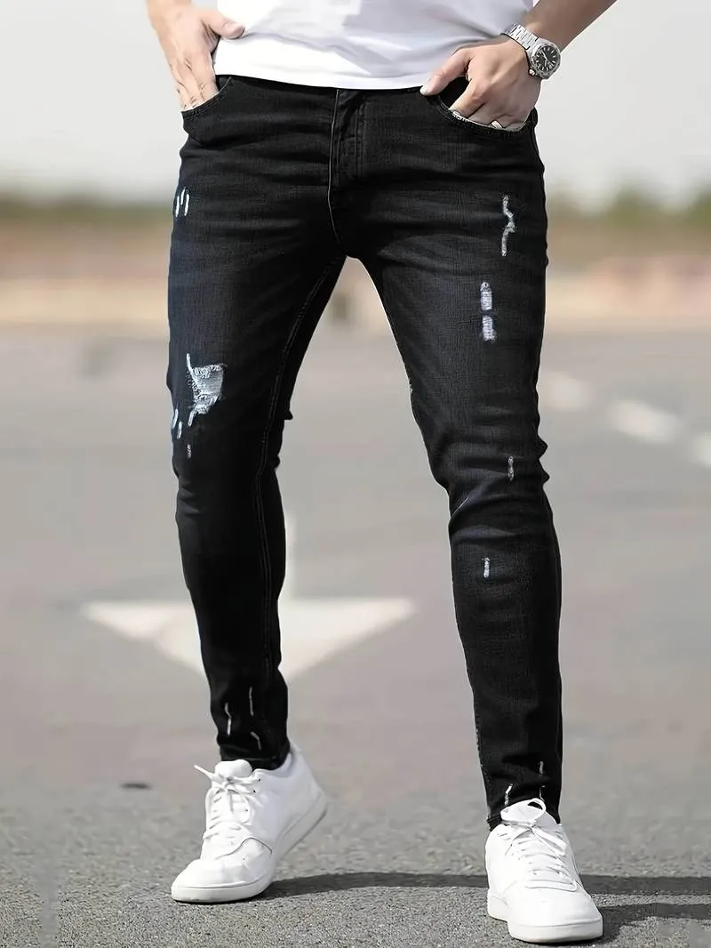 Men's Trendy Slim Fit Distressed Jeans with Pockets