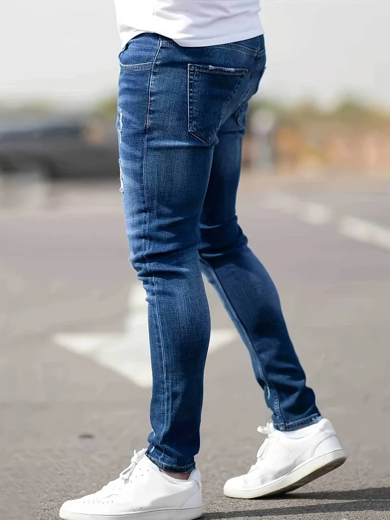 Men's Trendy Slim Fit Distressed Jeans with Pockets