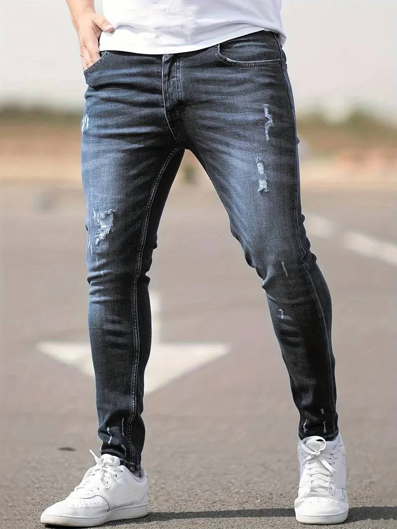 Men's Trendy Slim Fit Distressed Jeans with Pockets