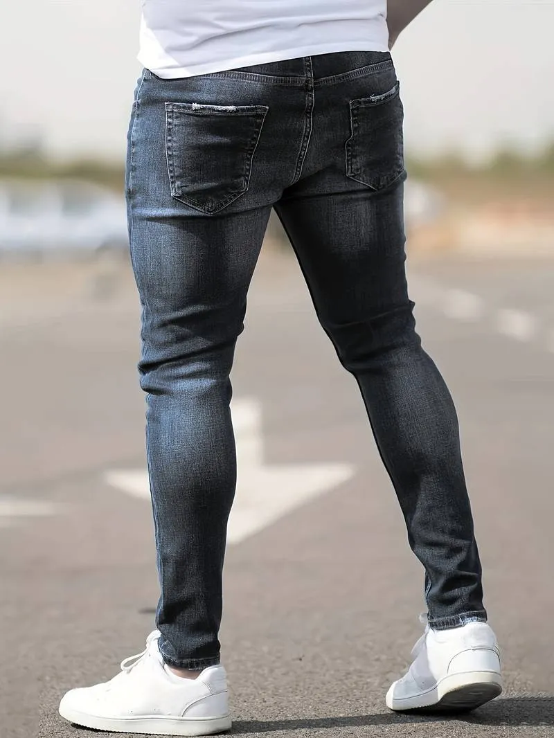 Men's Trendy Slim Fit Distressed Jeans with Pockets