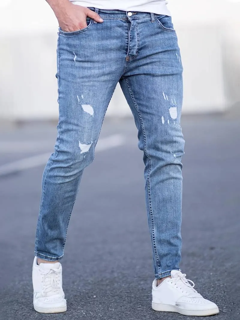 Men's Trendy Slim Fit Distressed Jeans with Pockets